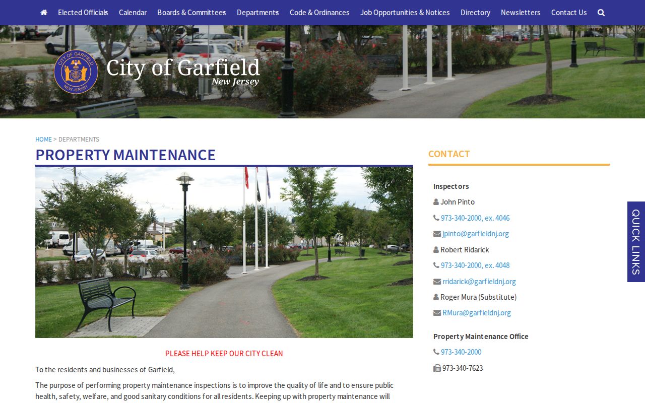 Garfield neighbors property-maintenance records page for address-based inspection requests